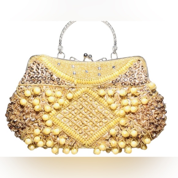 Women Clutch Evening Bag Rhinestone & Pearl Decor Glamorous with Shoulder Chain - Picture 1 of 2